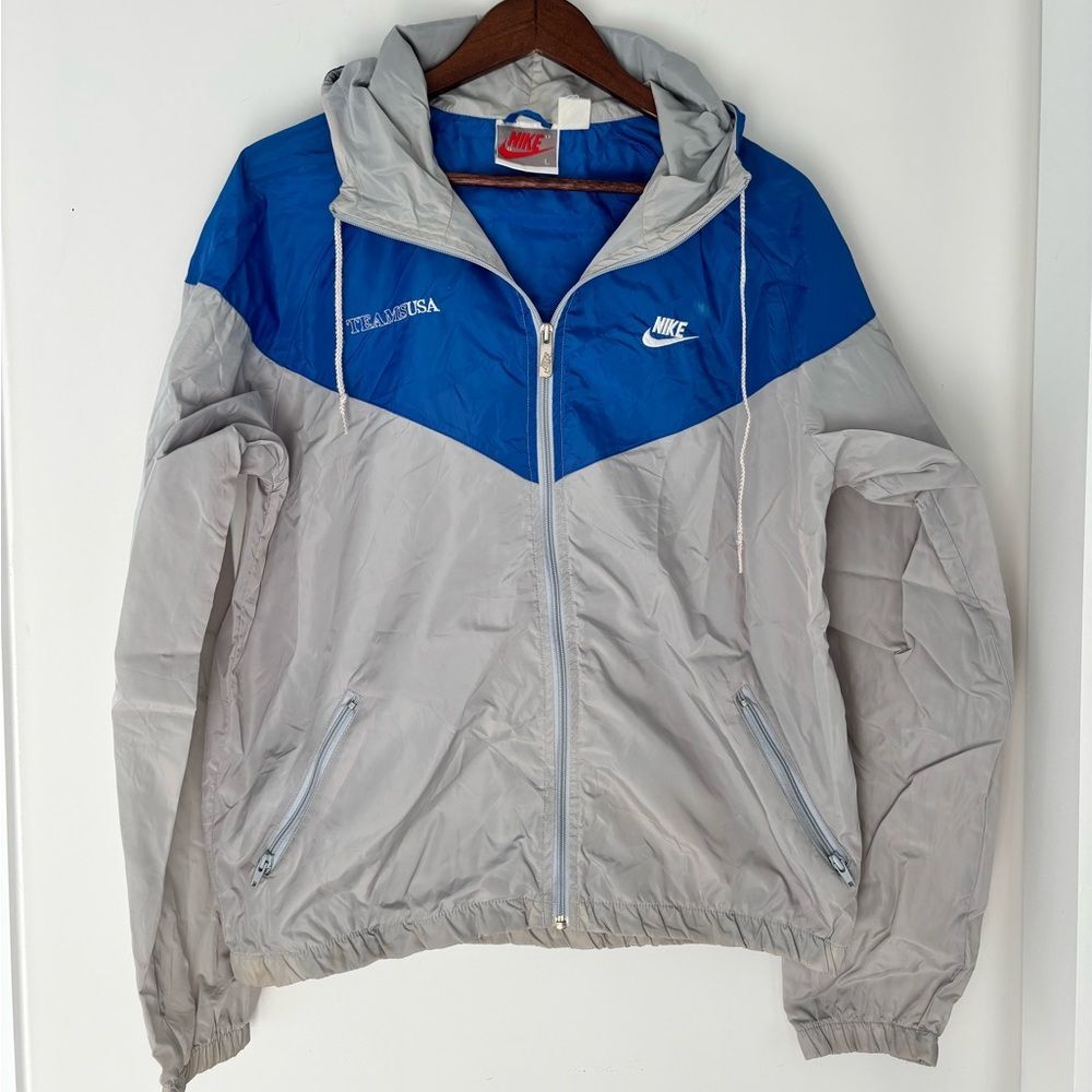 Vintage Nike Team USA Windbreaker Jacket Hooded Blue Gray Zip Up L 80s 90s Retro